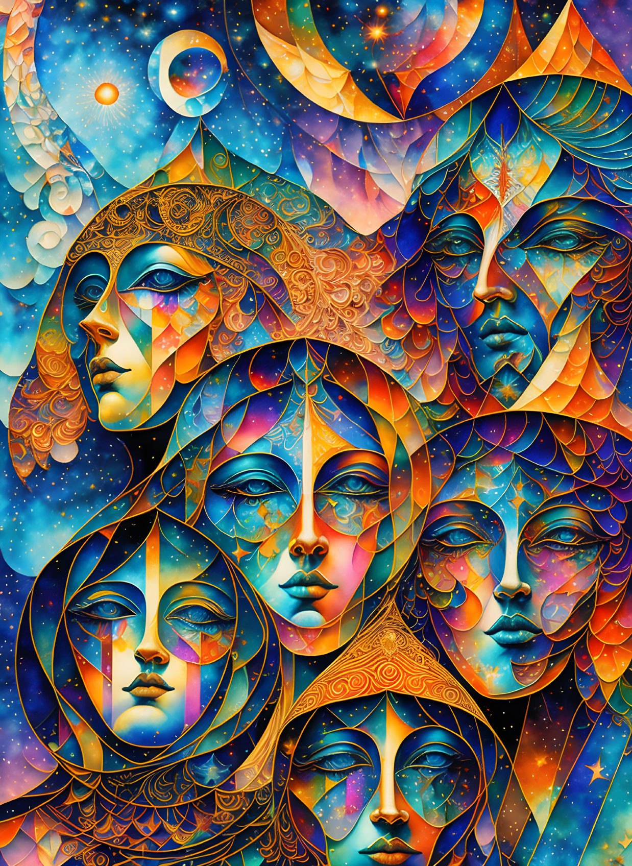 Colorful cosmic artwork with layered faces on celestial background