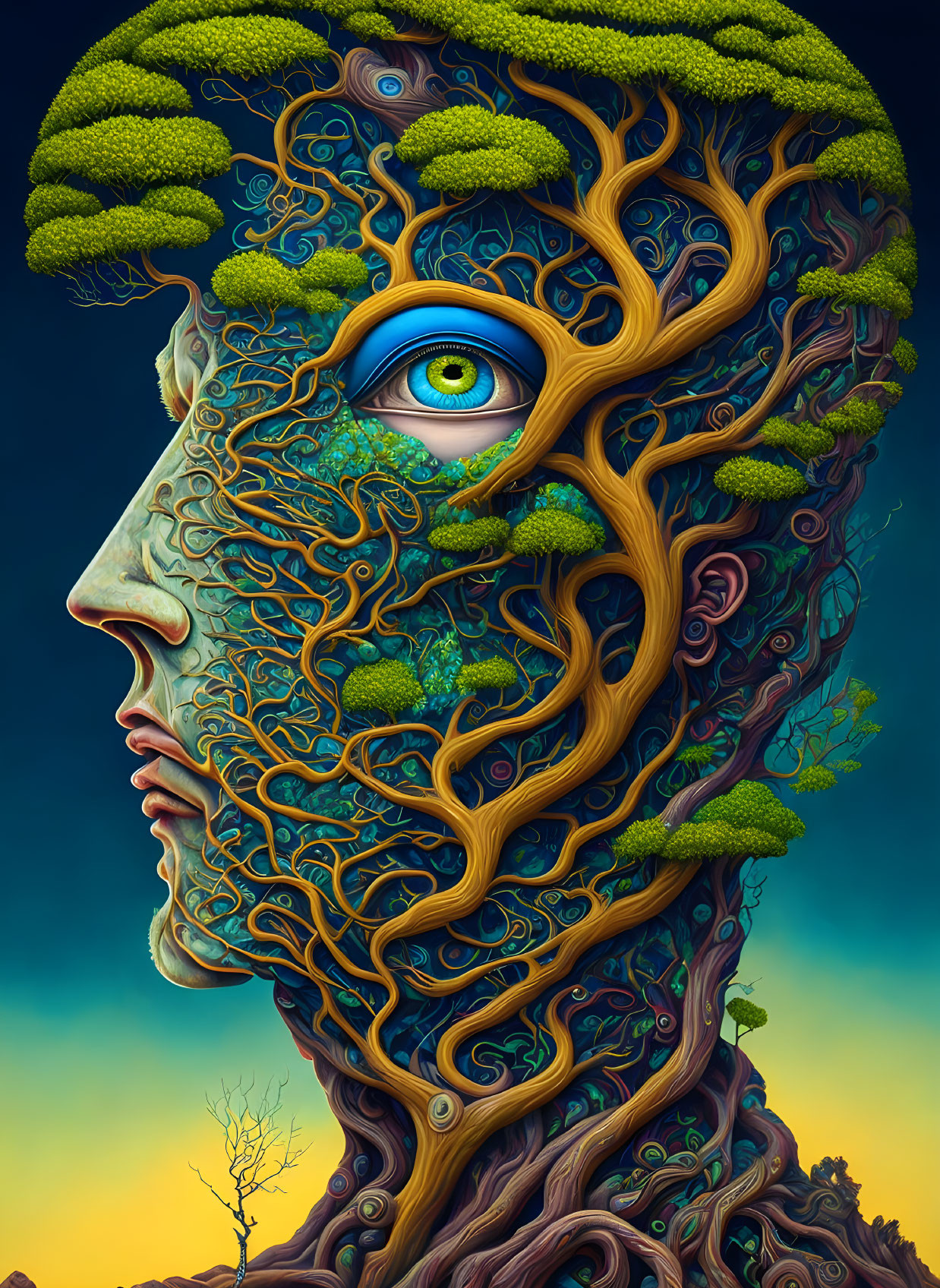 Surreal portrait with tree-like hair and eye, intricate roots, foliage, dusk sky