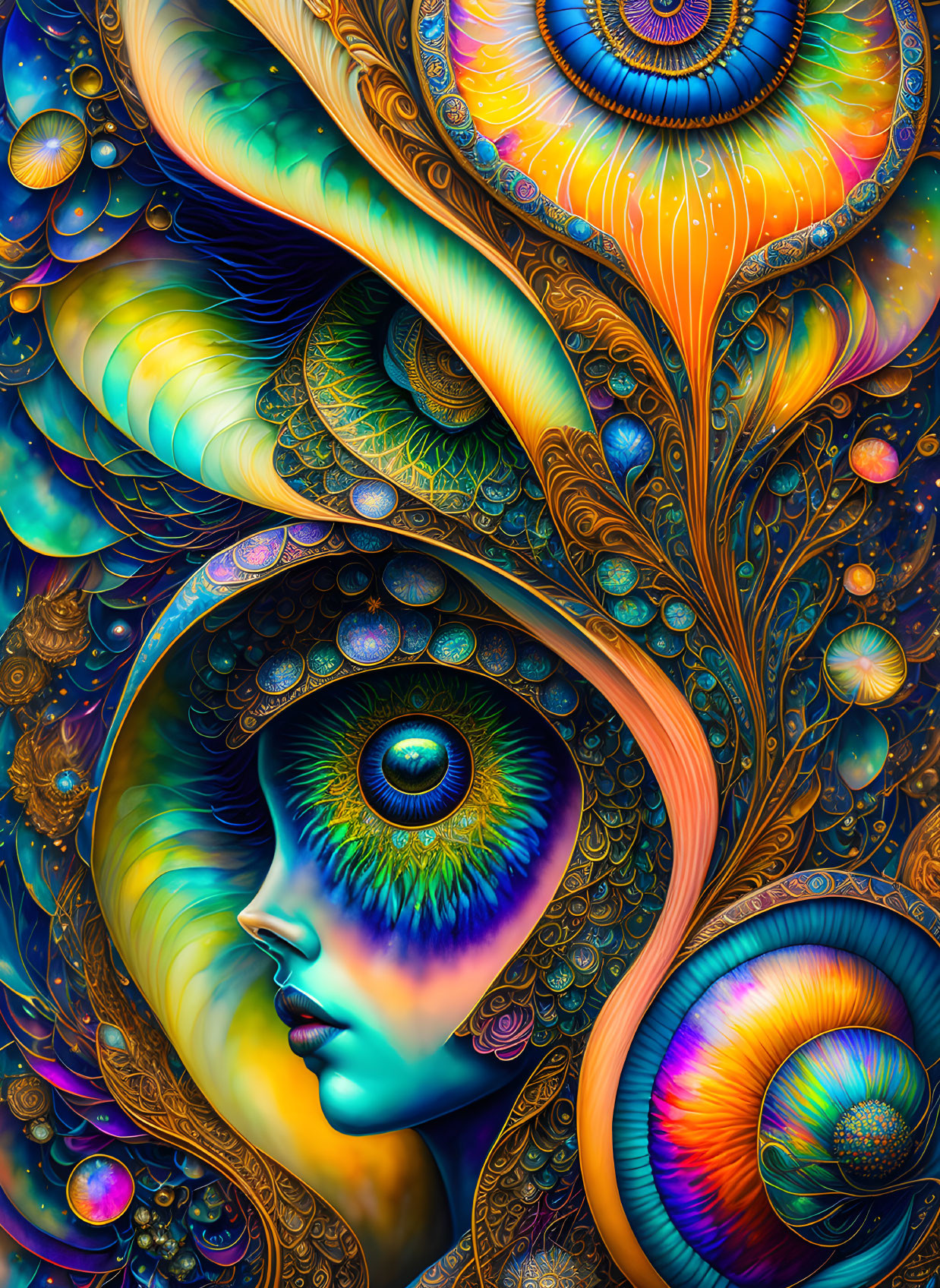 Colorful Psychedelic Artwork: Woman's Face & Peacock Feathers