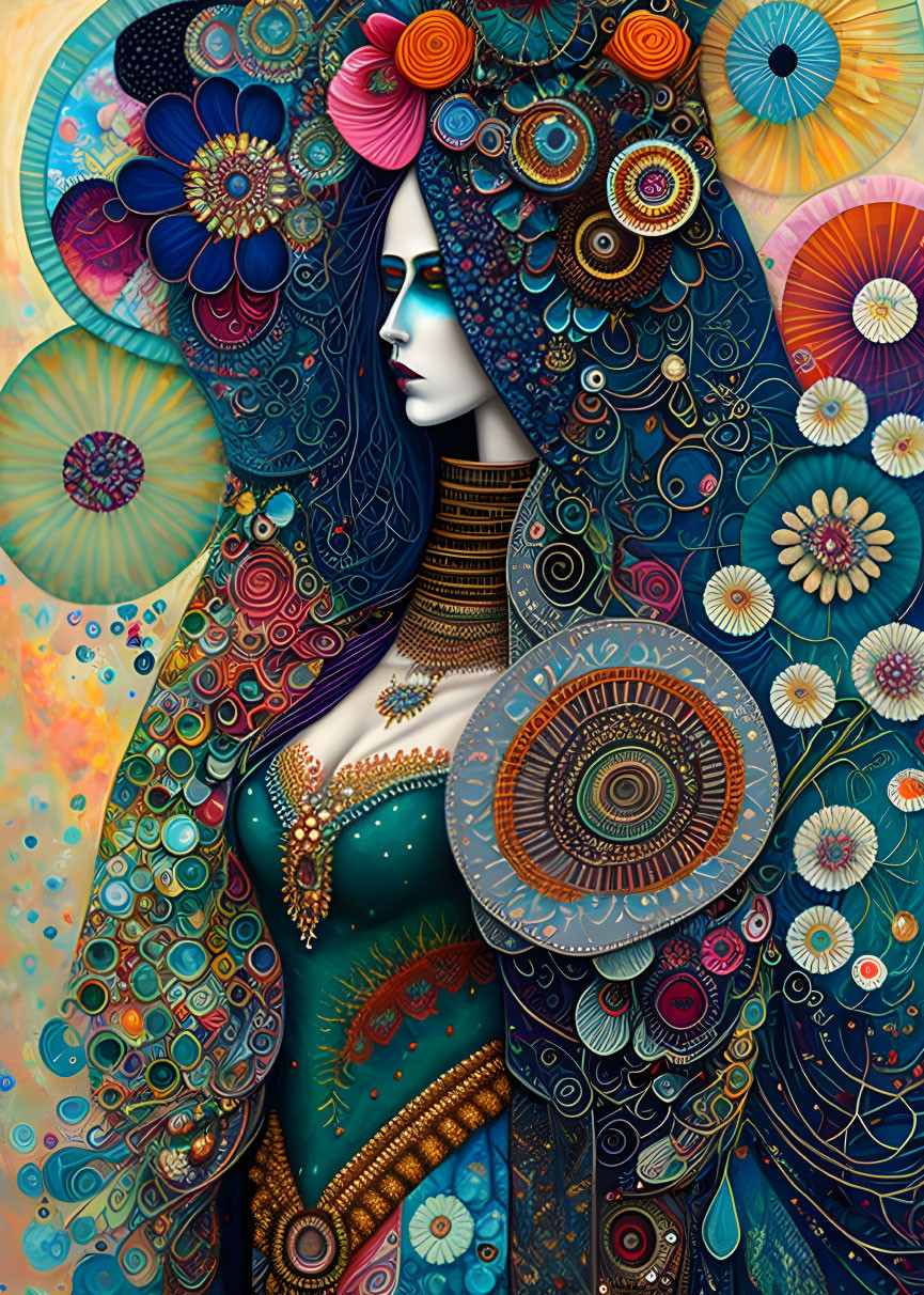 Colorful Art Piece Featuring Woman with Mandala Floral Patterns