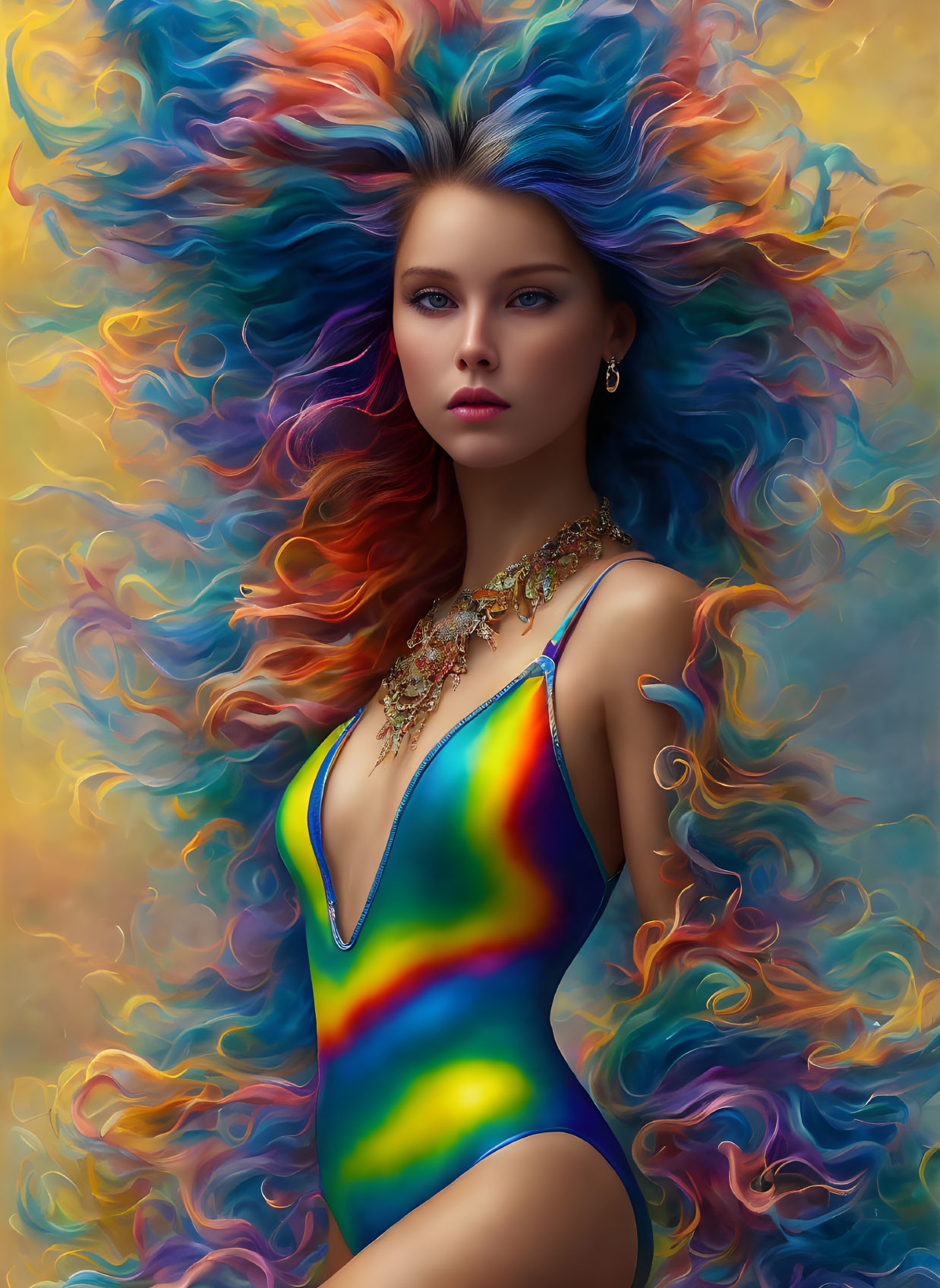 Vibrant digital art portrait of woman with multicolored hair and rainbow swimsuit