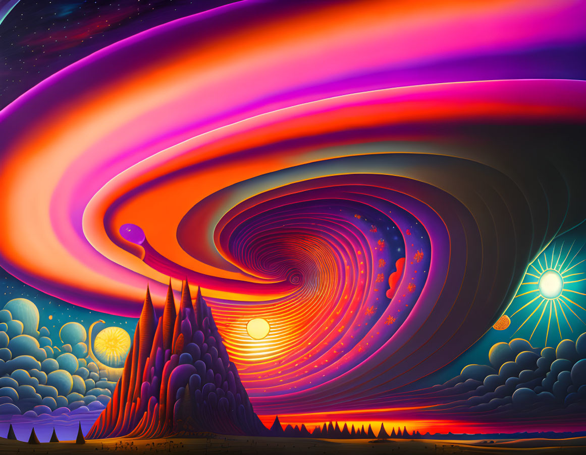 Surreal landscape with swirling skies, multiple suns, mountains, and stylized clouds
