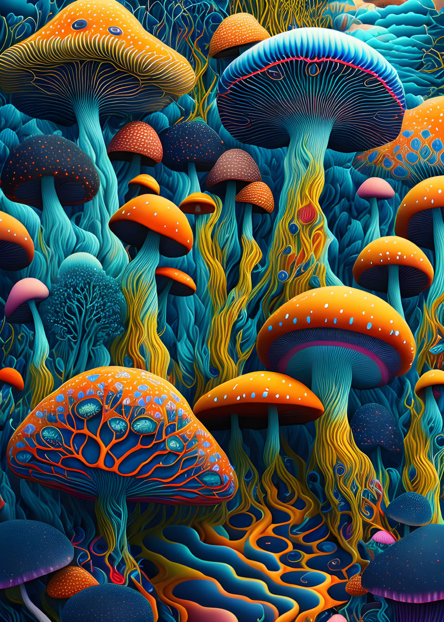 Vibrant digital artwork featuring stylized mushrooms and plant structures