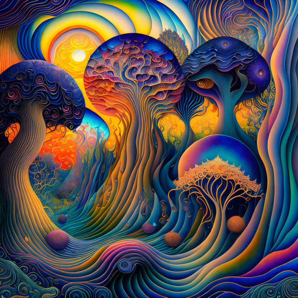 Colorful Psychedelic Digital Artwork with Swirling Patterns and Abstract Tree-like Forms