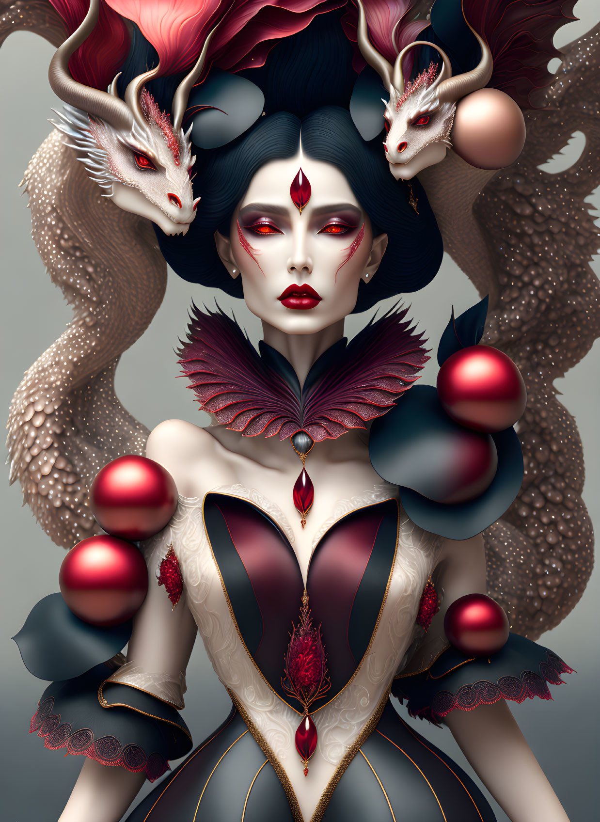 Fantastical portrait of a woman with elaborate makeup and red spheres costume.