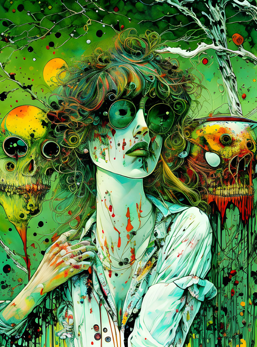 Colorful illustration of woman with round sunglasses among skulls on green background