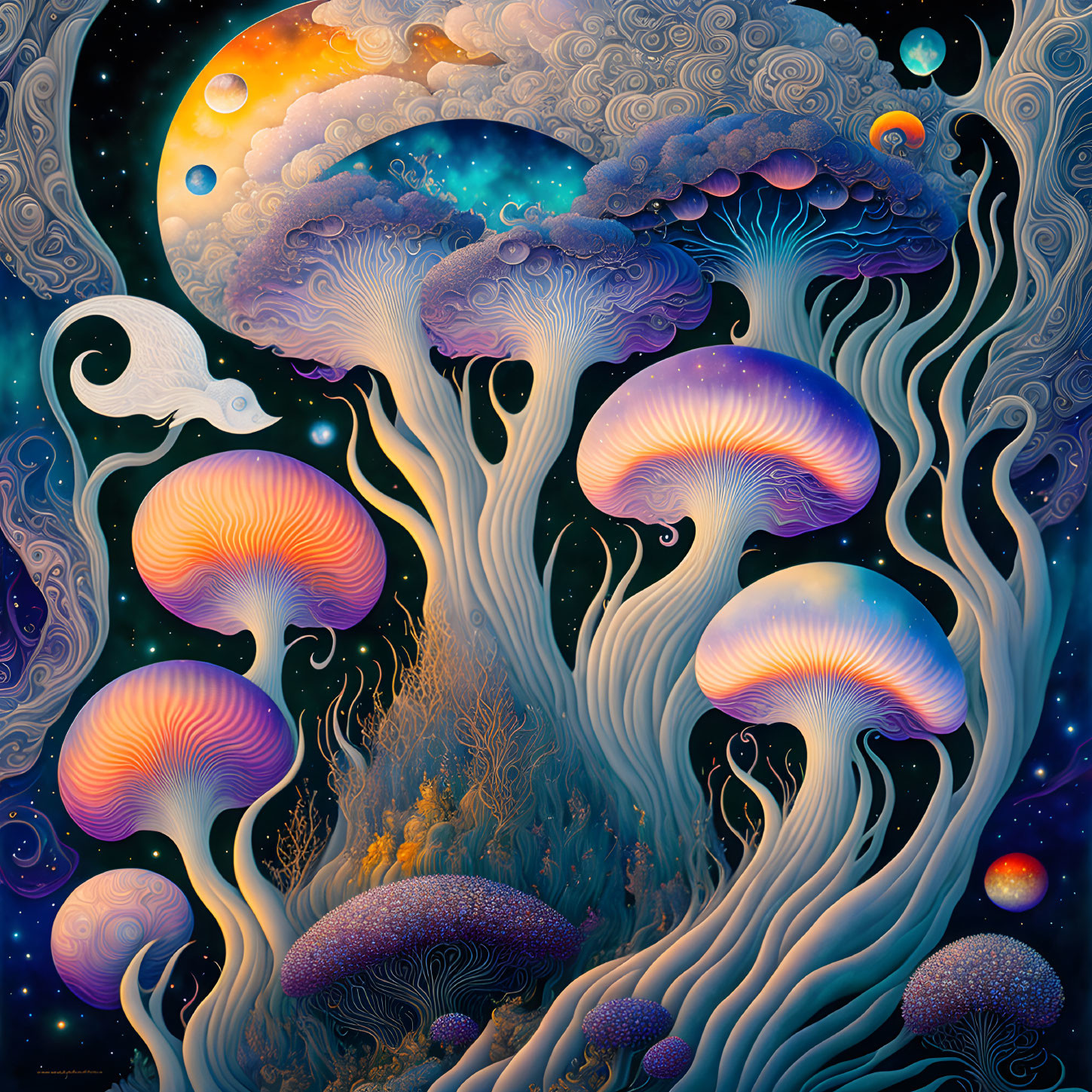 Colorful psychedelic artwork: Jellyfish-like trees in cosmic setting