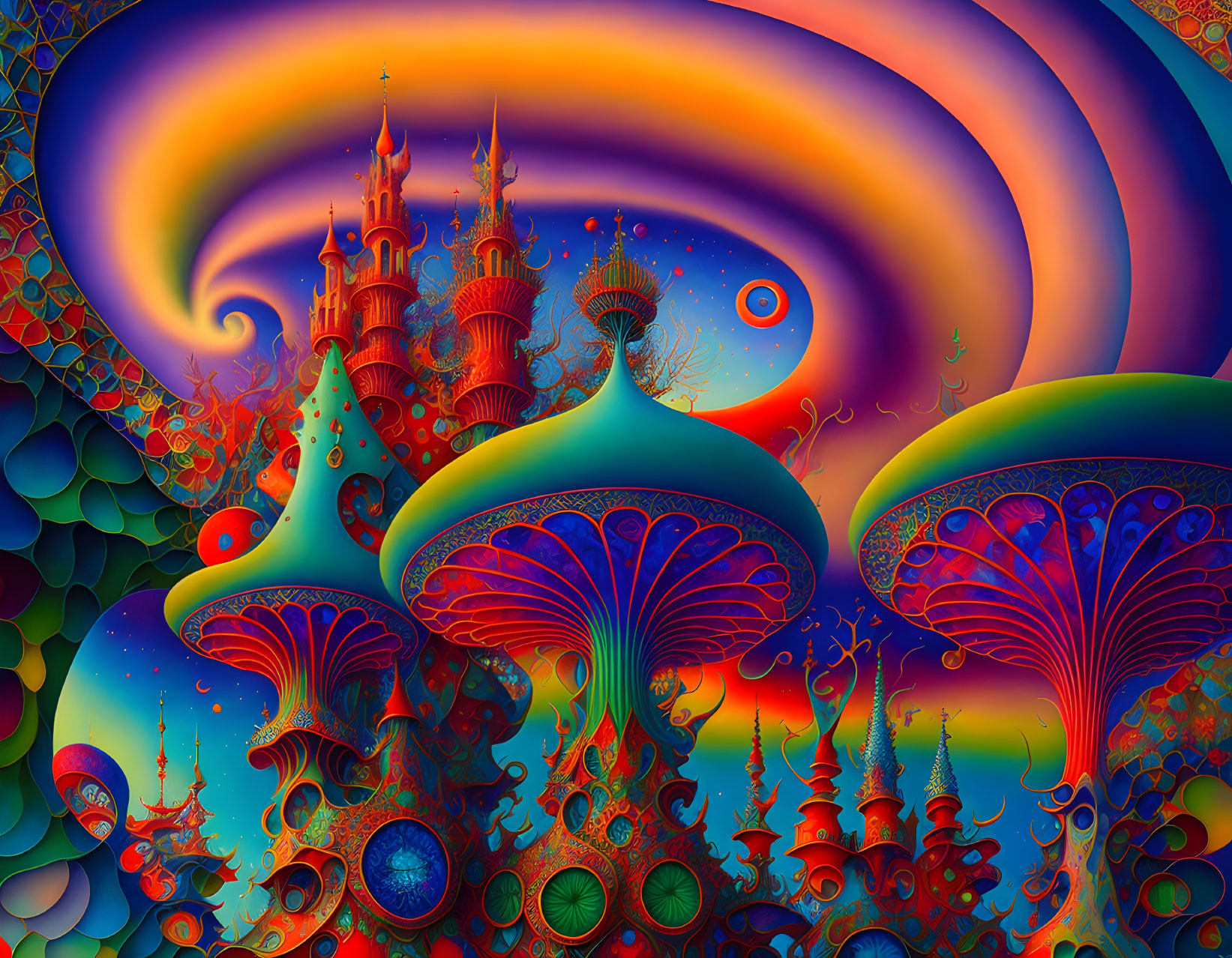 Colorful psychedelic artwork: rainbow skies, whimsical mushrooms, fantasy castles, intricate patterns