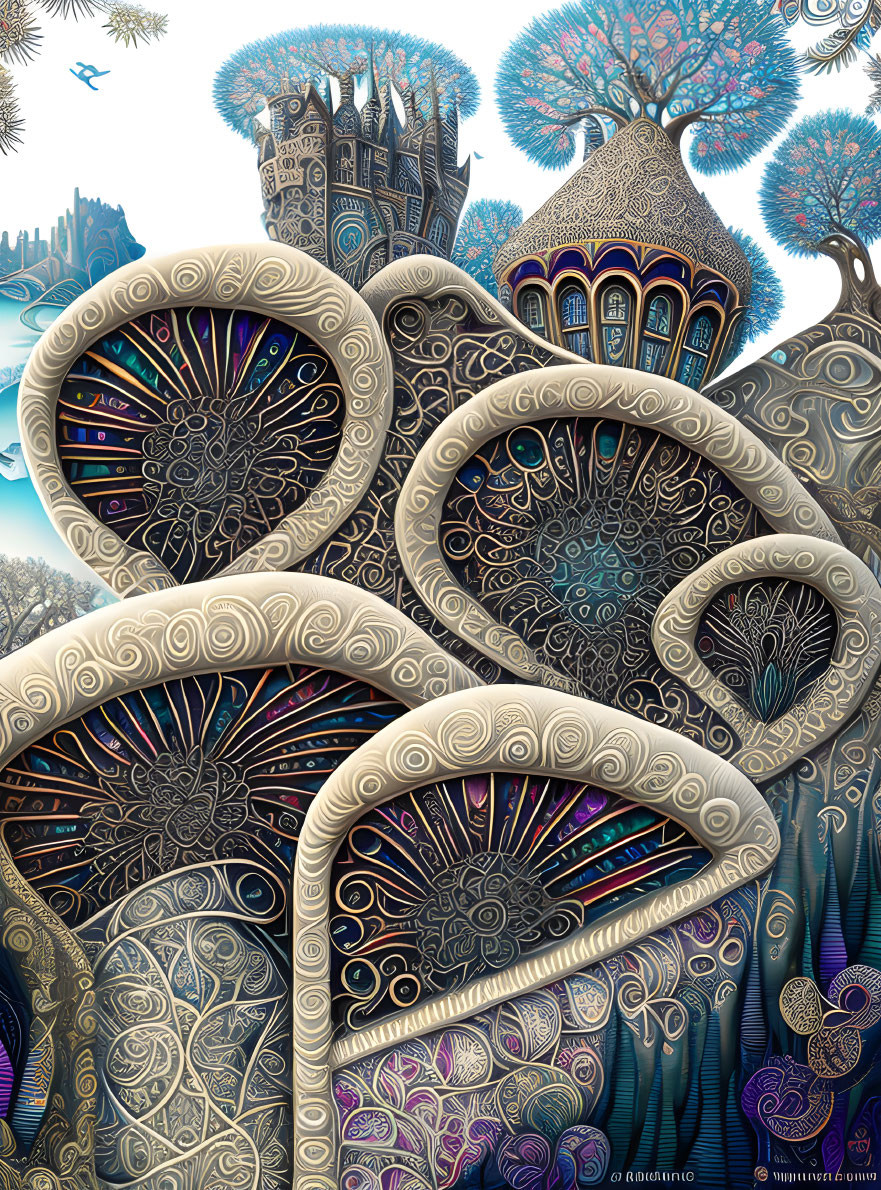 Detailed Fantasy Landscape with Whimsical Architecture & Vibrant Colors