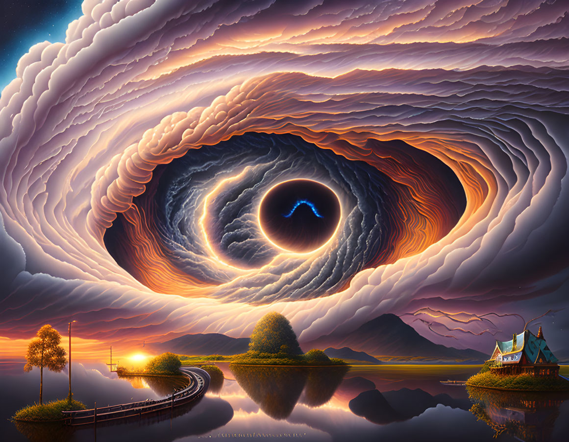 Surreal landscape with swirling vortex and central eye above serene house and water