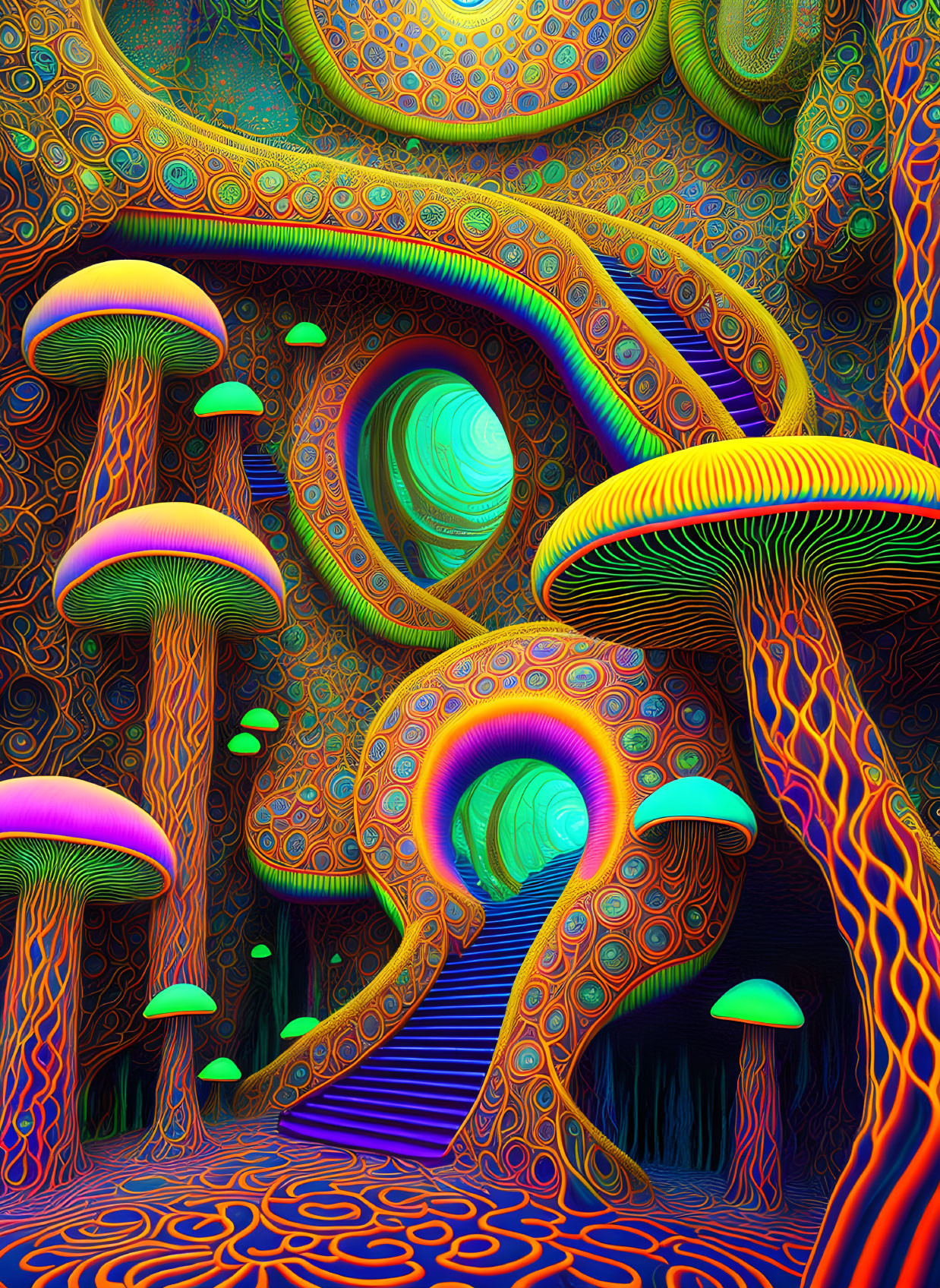 Vibrant Abstract Landscape with Oversized Mushroom Structures