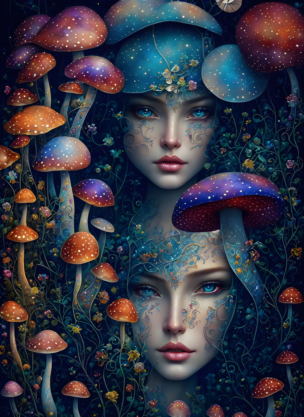 Surreal illustration of identical female faces with cosmic makeup and vibrant mushrooms