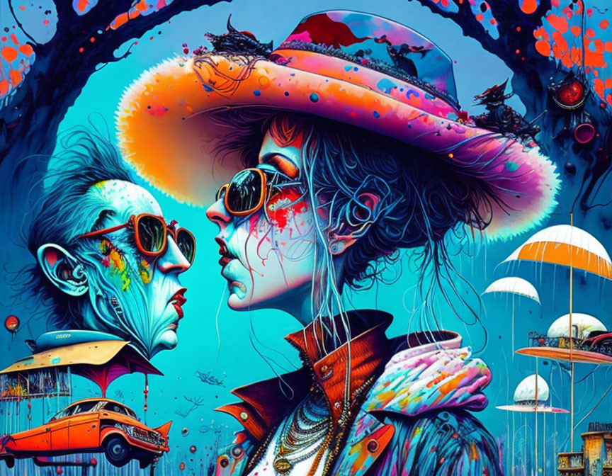 Colorful Psychedelic Artwork: Stylized Figures in Hats and Sunglasses