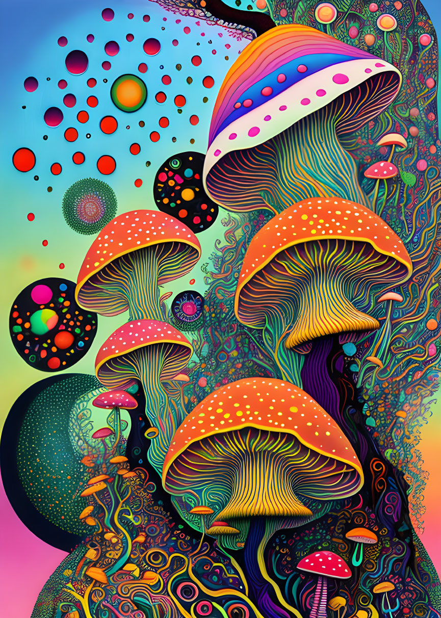 Colorful Psychedelic Mushroom Illustration with Intricate Patterns