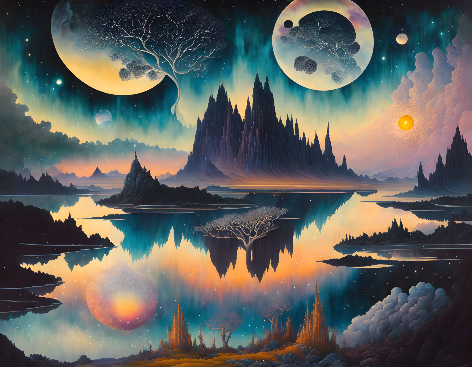 Surreal landscape with multiple moons, reflective lake, fantastical trees, vibrant sky