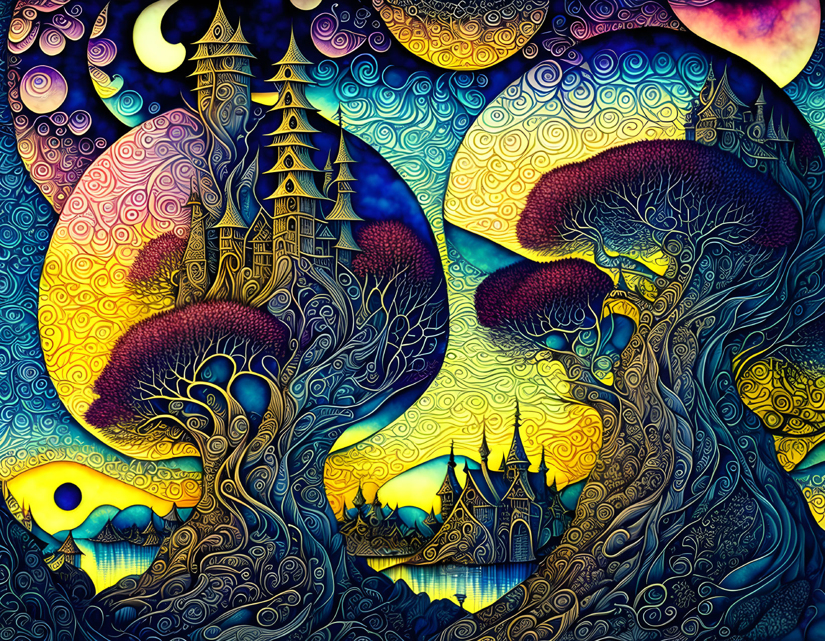 Colorful Psychedelic Artwork: Trees, Castles, Celestial Bodies