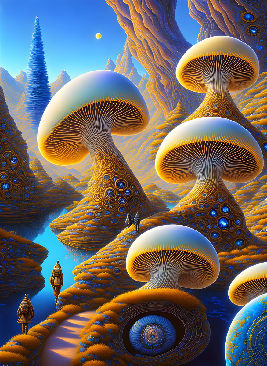 Surreal landscape featuring oversized mushrooms, intricate patterns, human figures, and vibrant blue river.