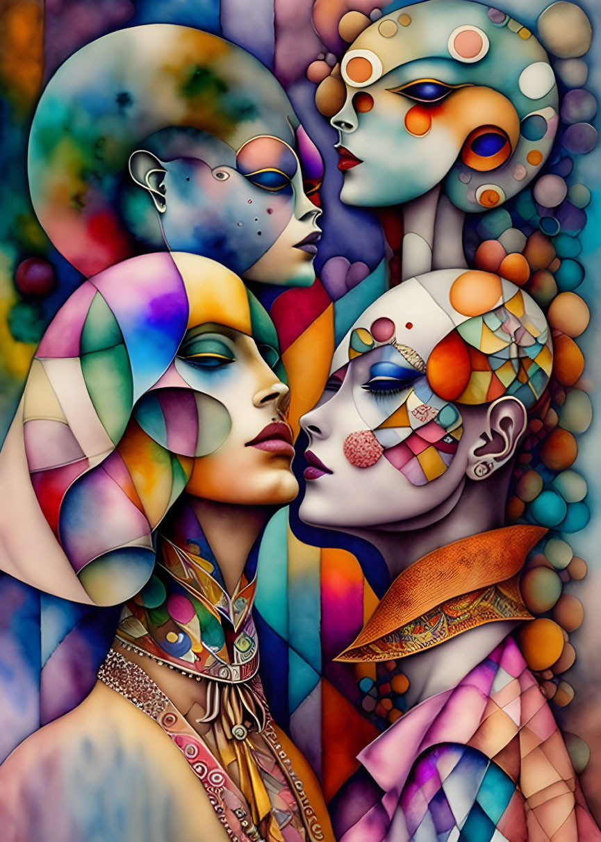 Vibrant painting featuring four figures with patterned faces in a blend of geometric and organic shapes.