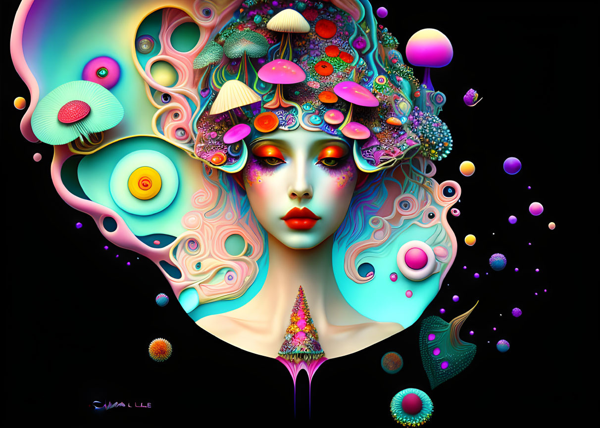 Colorful digital artwork: Stylized woman with psychedelic mushroom and flora patterns.