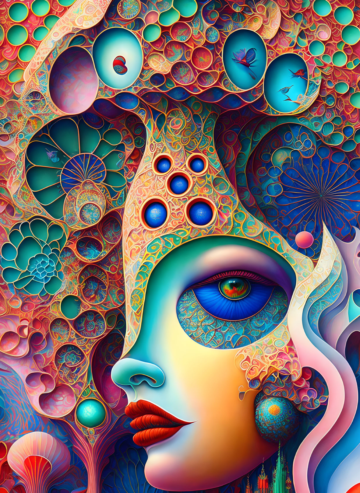 Colorful Psychedelic Female Face Artwork with Multiple Eyes and Detailed Patterns