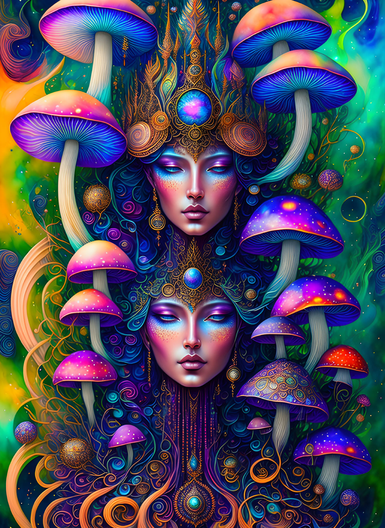 Colorful Artwork: Ethereal Faces with Ornate Headdresses and Psychedelic Mushrooms