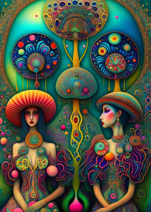 Colorful Psychedelic Illustration of Two Women with Nature Headdresses