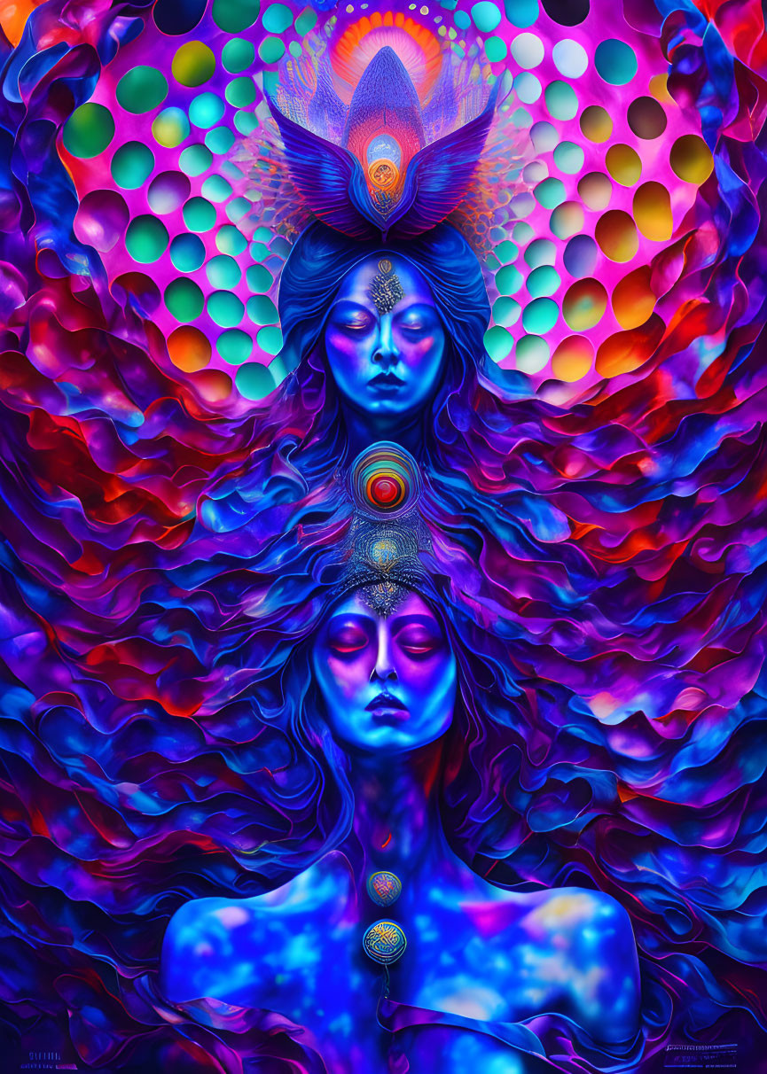 Colorful digital artwork: Two figures with blue skin and chakra symbols on psychedelic background