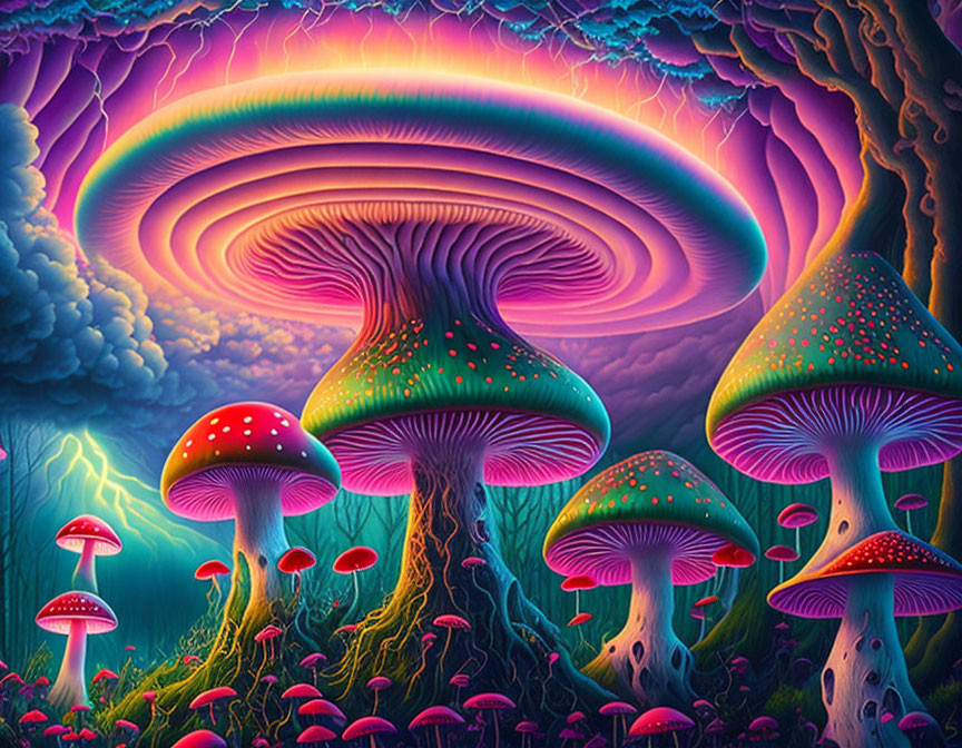 Vibrant surreal landscape: Oversized luminous mushrooms under swirling sky