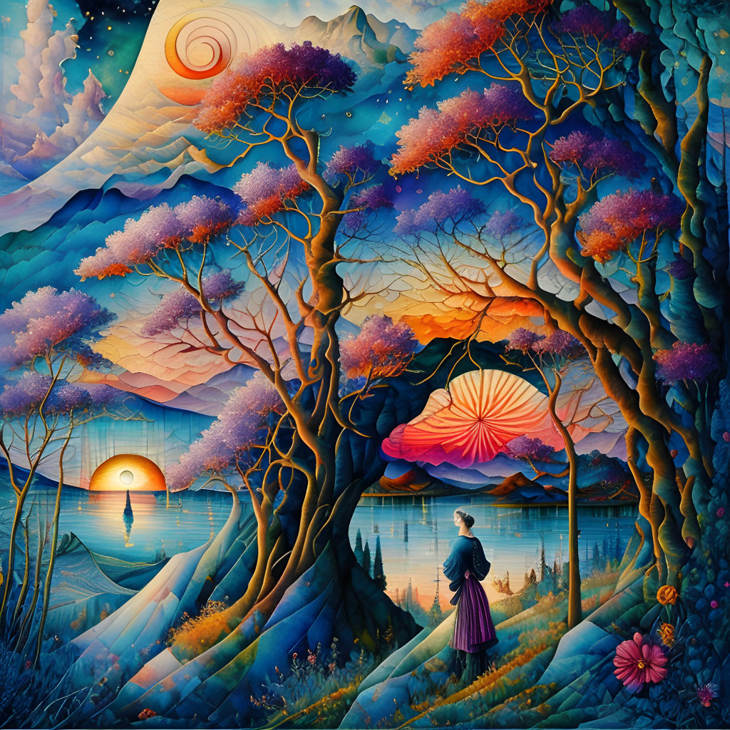 Scenic sunset painting with woman by serene lake & stylized trees