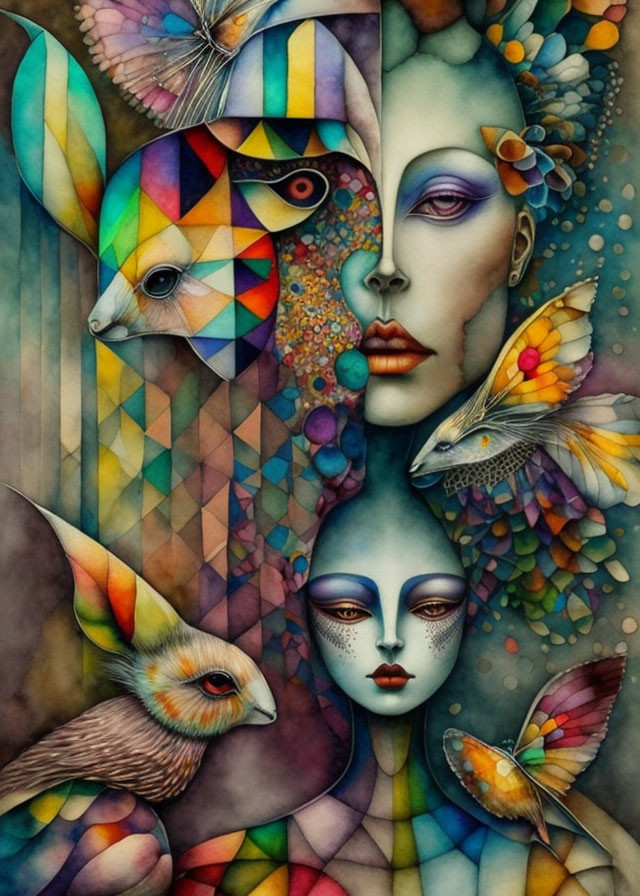 Surreal watercolor painting with faces, shapes, animals, and butterflies