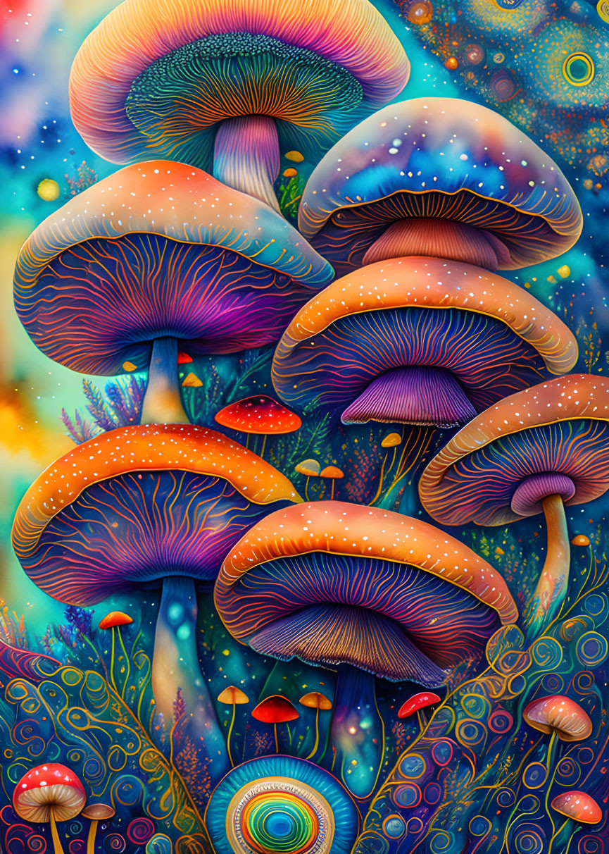 Colorful Stylized Mushroom Artwork with Celestial Background