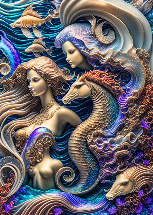 Fantasy-themed illustration of ethereal woman with seahorse in oceanic setting