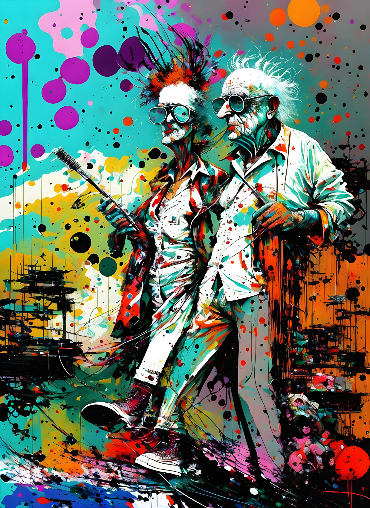 Vibrantly painted characters in white suits with eccentric hairstyles on colorful backdrop