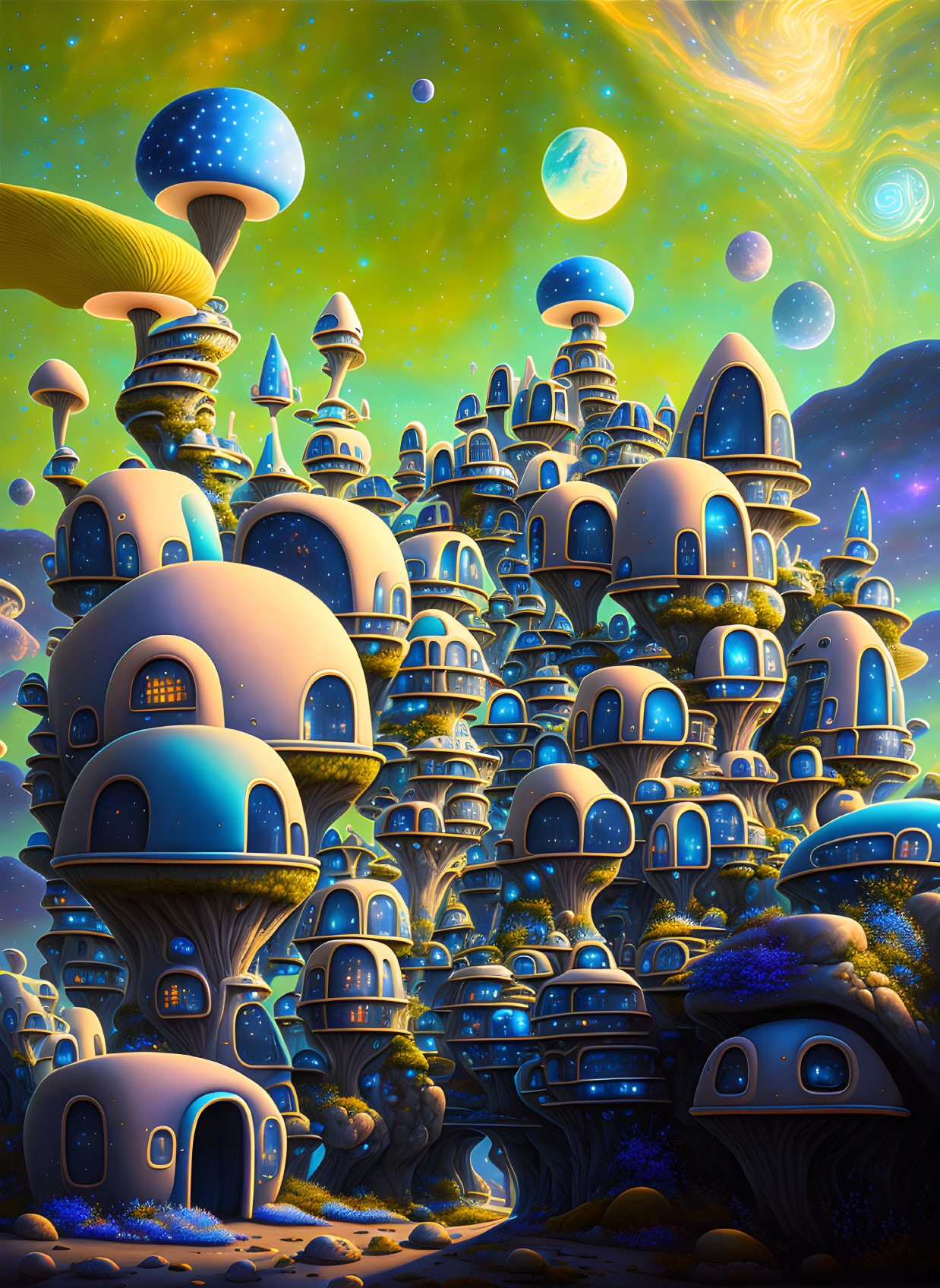 Fantasy landscape with stacked mushroom houses under starry sky