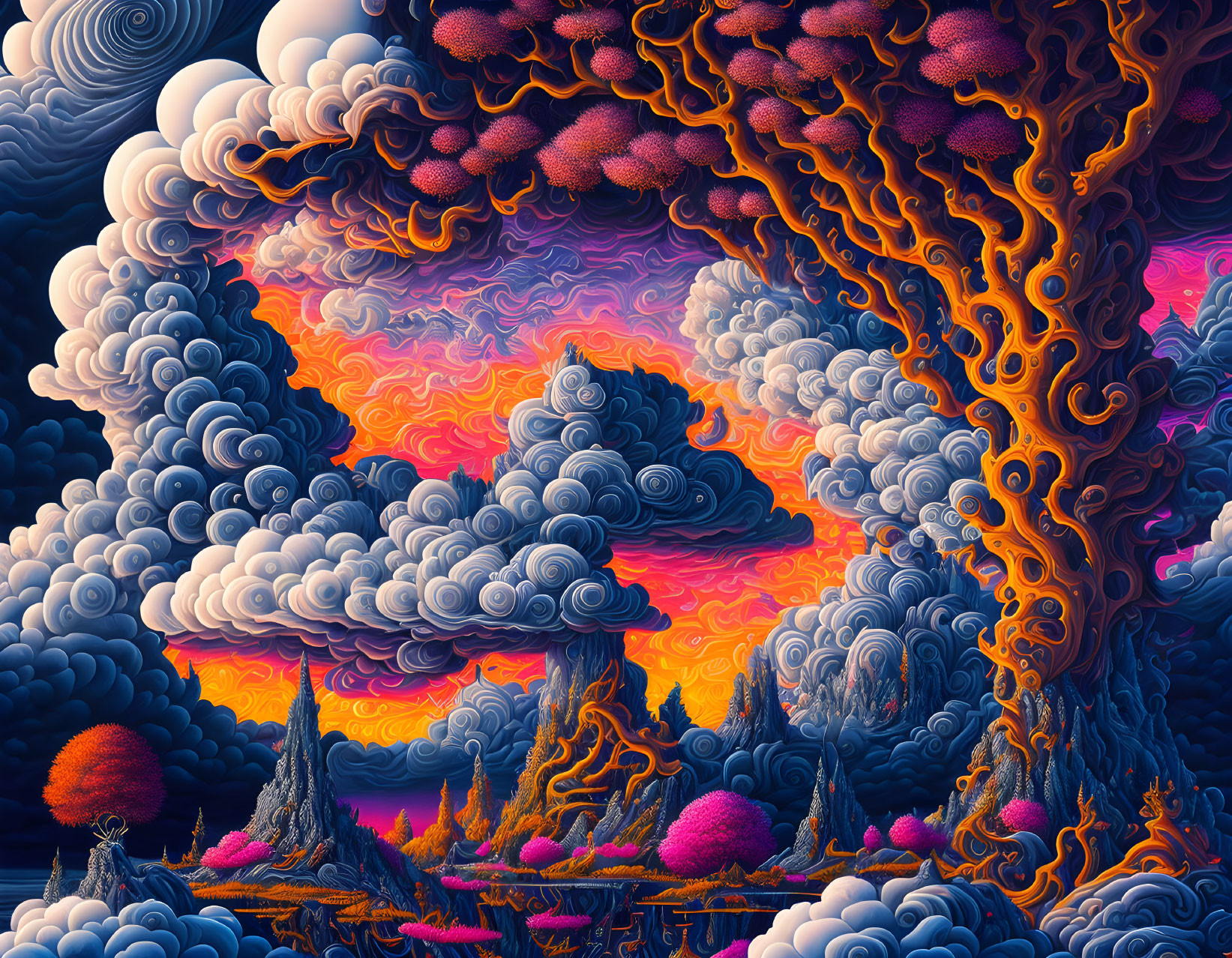 Surrealist landscape with swirling clouds and vibrant colors
