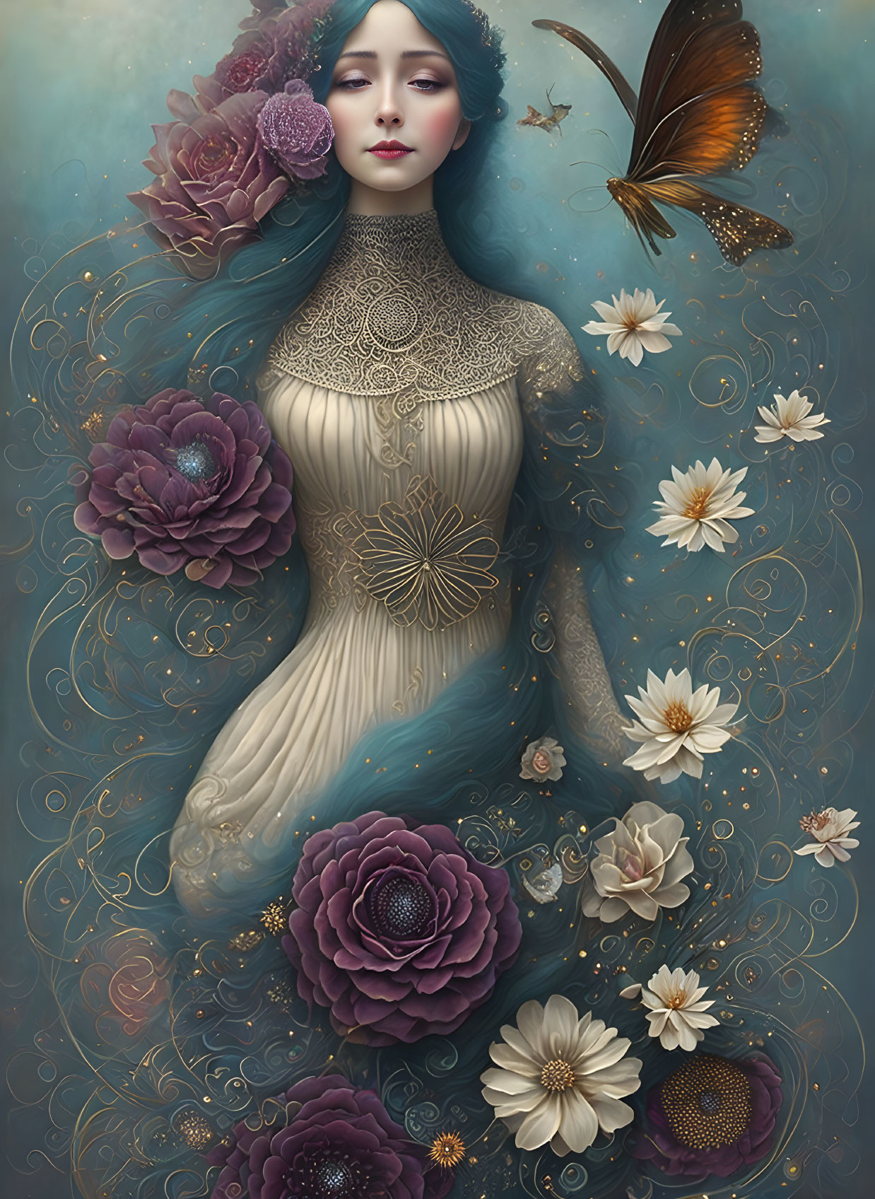 Surreal illustration of woman with floral hair, lace collar, butterflies.