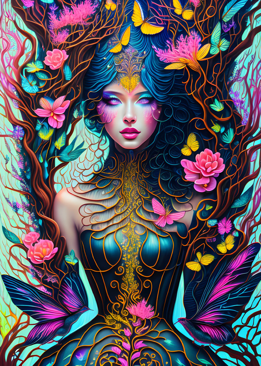 Colorful Artwork: Mystical Woman with Blue Hair, Flowers, Branches, Butterflies