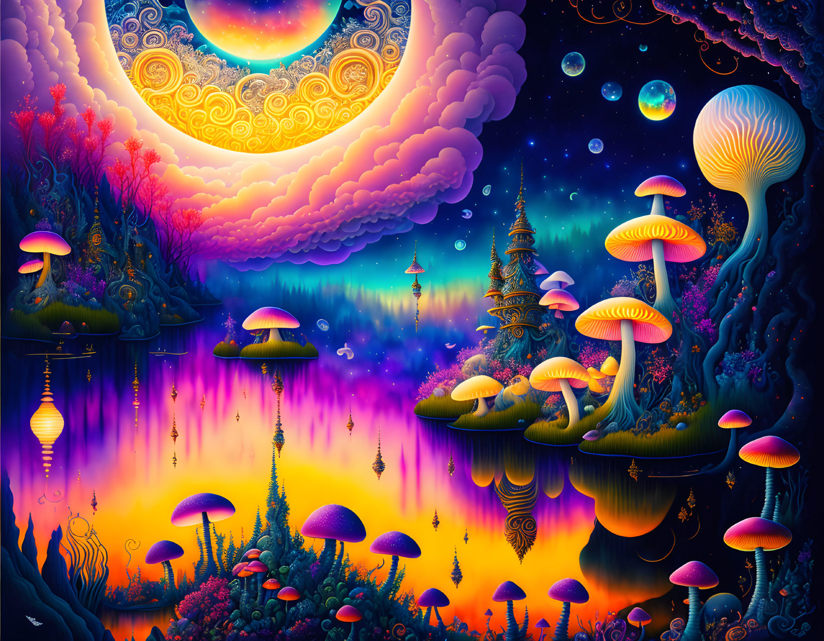 Fantastical landscape with glowing mushrooms, surreal trees, and luminous moon