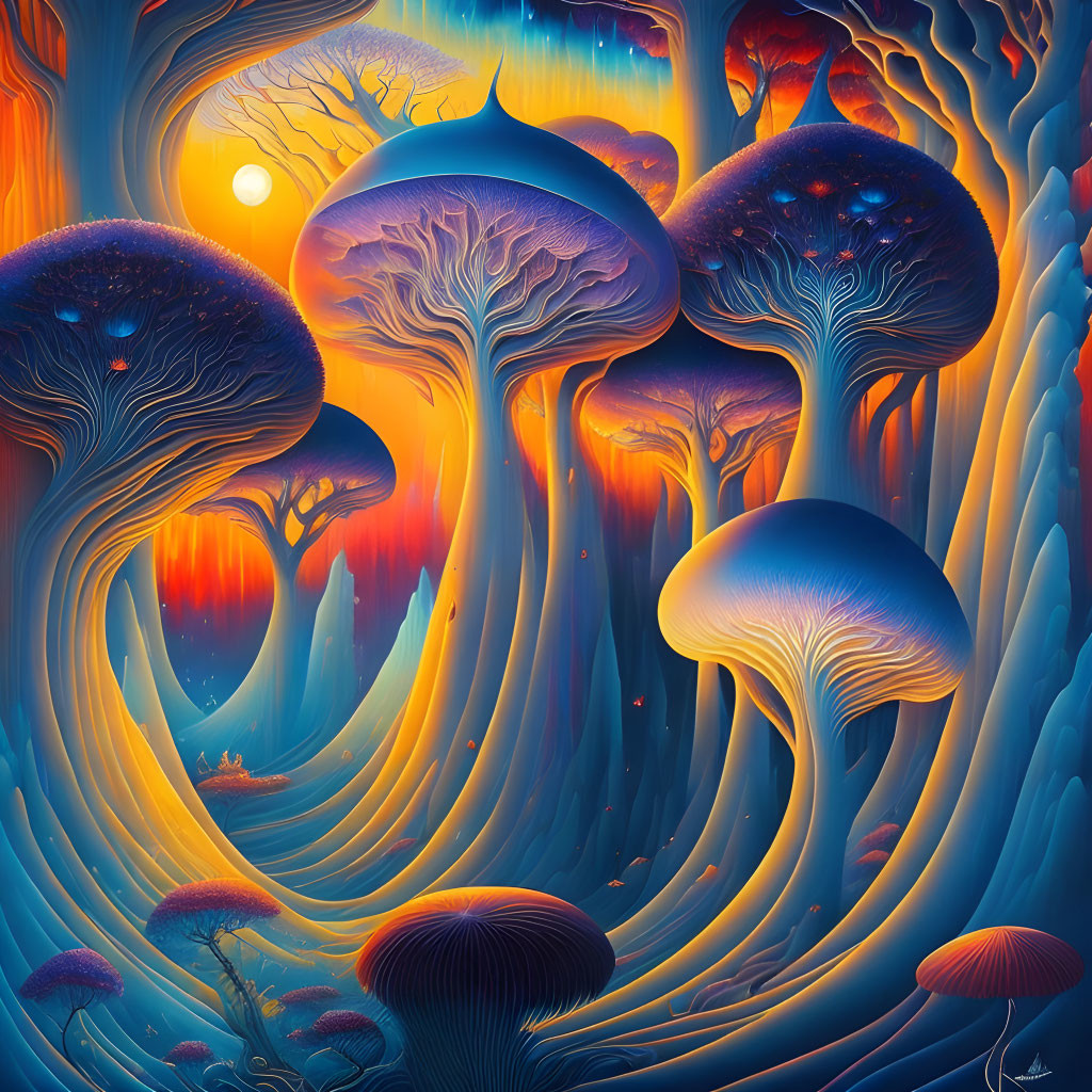 Fantastical landscape with glowing mushrooms and trees under orange and blue sky