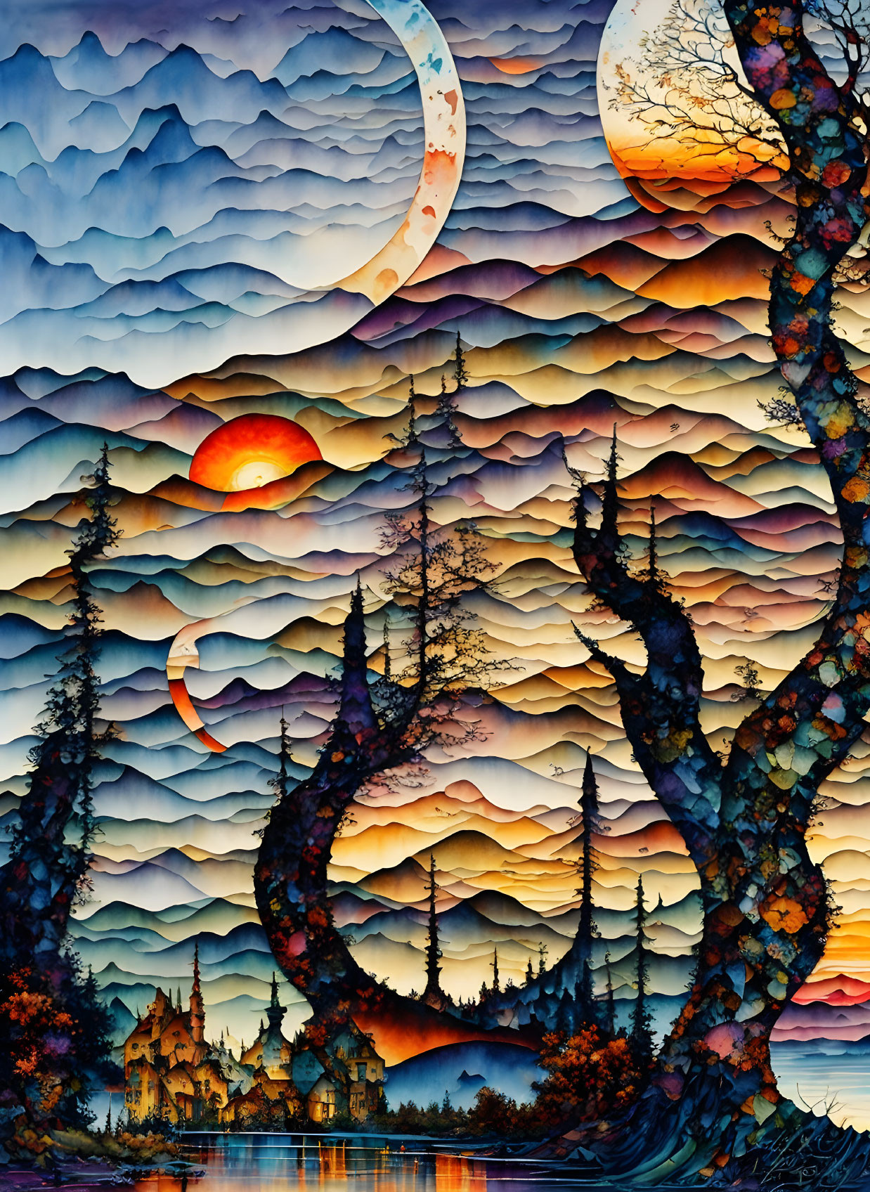 Vivid sunset with mountain silhouettes, crescent moon, and castle