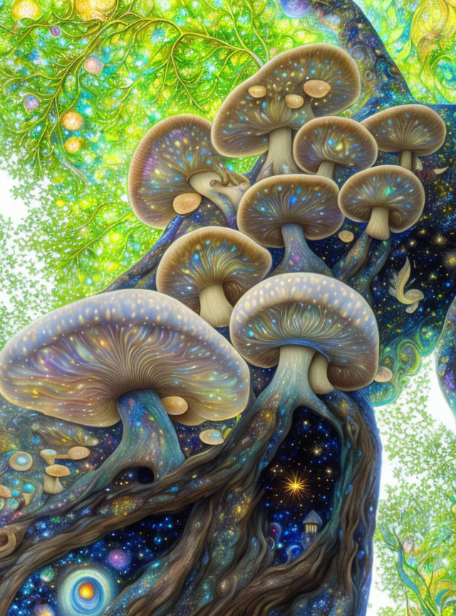 Fantastical illustration of luminescent mushrooms under cosmic tree canopy