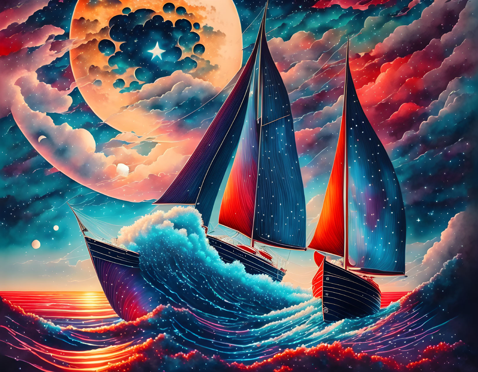 Colorful digital artwork: sailing ship on ocean waves, multicolored sky, moon, stars