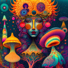 Colorful psychedelic artwork of woman with floral patterns and mushrooms