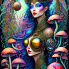 Colorful Psychedelic Artwork: Stylized Profiles, Mushrooms, Celestial Bodies