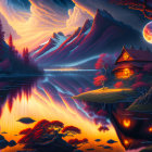 Digital Artwork: Serene Lakeside Scene with Cabins, Moon, Auroras, Reflections