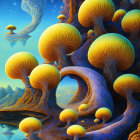 Psychedelic woman's face in luminescent mushroom forest on starry background