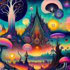 Vibrant psychedelic castle with oversized mushrooms and celestial elements