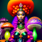 Colorful digital artwork: Woman with decorative makeup and headdress among vibrant mushrooms.