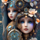 Surreal female figures with gold and floral details on clockwork theme against blue.