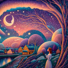 Illustration of woman in dress under starry night sky by magical trees and glowing village.